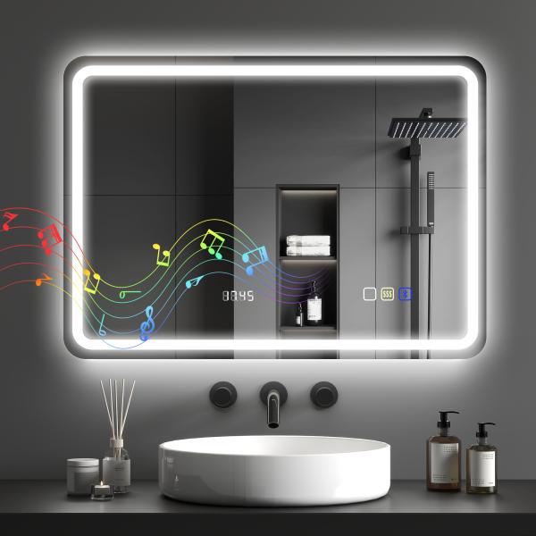 Espelho de Casa de Banho com Luz LED 70x50 cm Bluetooth 3 Cores de Luz Relógio Digital Função Antiembaciamento Memória Prata