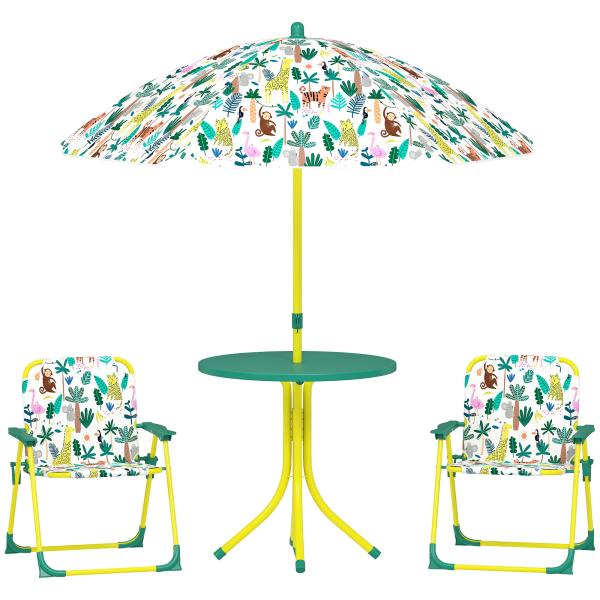 Conjunto Infantil de Mesa e Cadeiras de Jardim de 4 Peças Cadeiras Dobráveis Chapéu de Sol Desmontável Design de Selva Verde