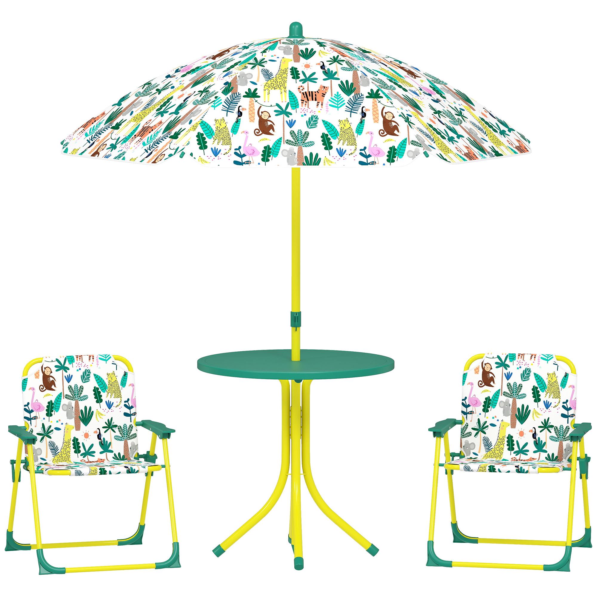 Conjunto Infantil de Mesa e Cadeiras de Jardim de 4 Peças Cadeiras Dobráveis Chapéu de Sol Desmontável Design de Selva Verde