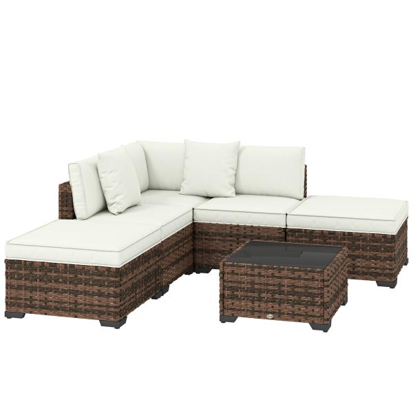Conjunto de Jardim Exterior em Rattan de 6 Peças com Cadeira de Canto, 2 Cadeiras sem Braços, Apoio para Pés e Mesa Castanha