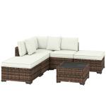 Conjunto de Jardim Exterior em Rattan de 6 Peças com Cadeira de Canto, 2 Cadeiras sem Braços, Apoio para Pés e Mesa Castanha