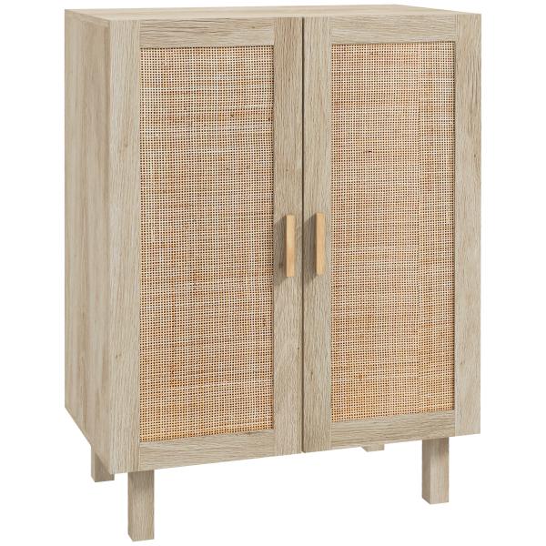 Aparador de Sala de Estar com 2 Portas de Rede e Prateleiras Ajustáveis Armário Estilo Cannage Anti - Tombo para Cozinha 73x41x102 cm Madeira