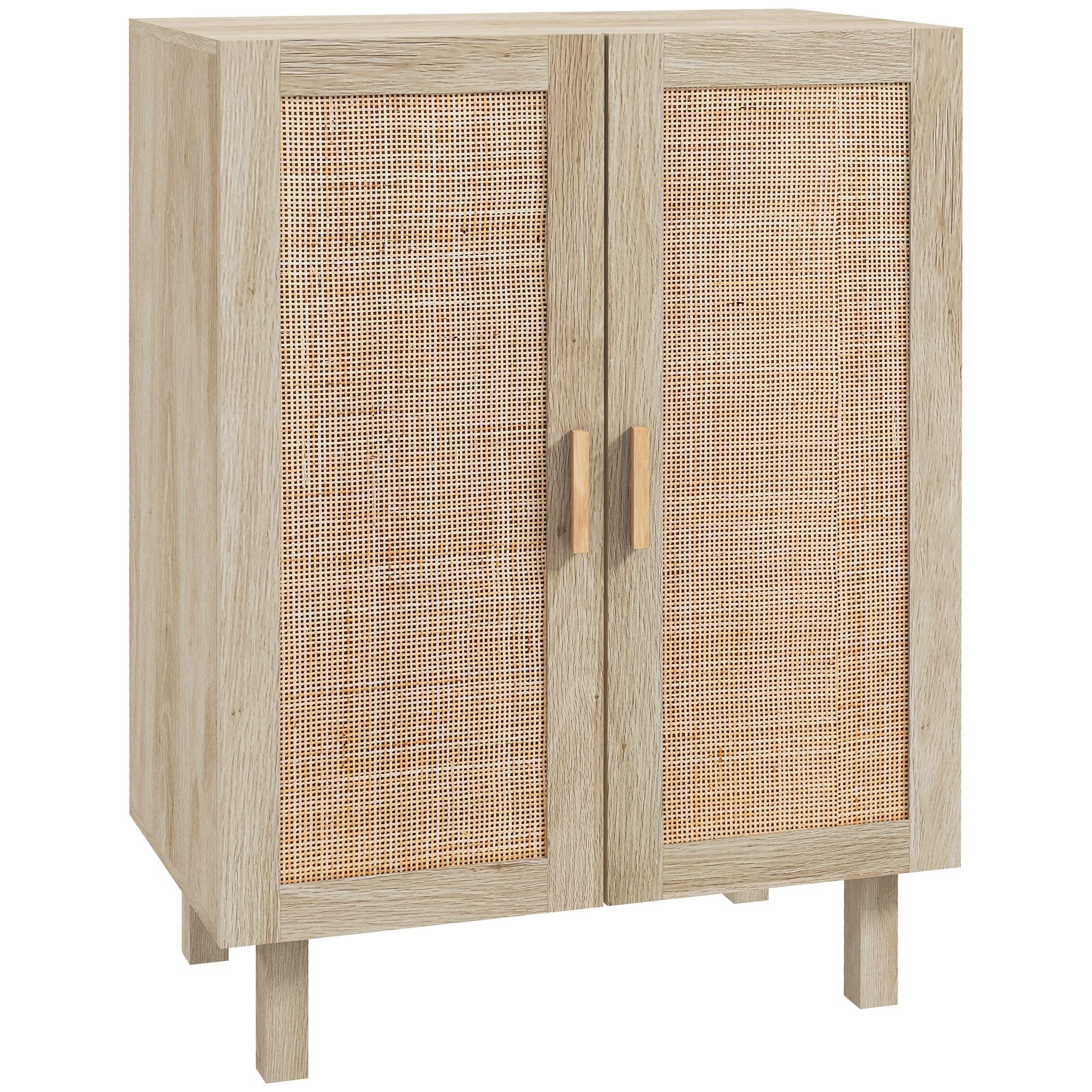 Aparador de Sala de Estar com 2 Portas de Rede e Prateleiras Ajustáveis Armário Estilo Cannage Anti - Tombo para Cozinha 73x41x102 cm Madeira