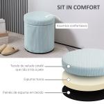 Puff de Arrumação Baú de Arrumação Redondo Estofado em Veludo Cotelê Tampa Removível Ø40x41 cm Azul Claro