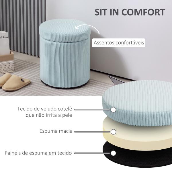 Puff de Arrumação Baú de Arrumação Redondo Estofado em Veludo Cotelê Tampa Removível Ø40x41 cm Azul Claro