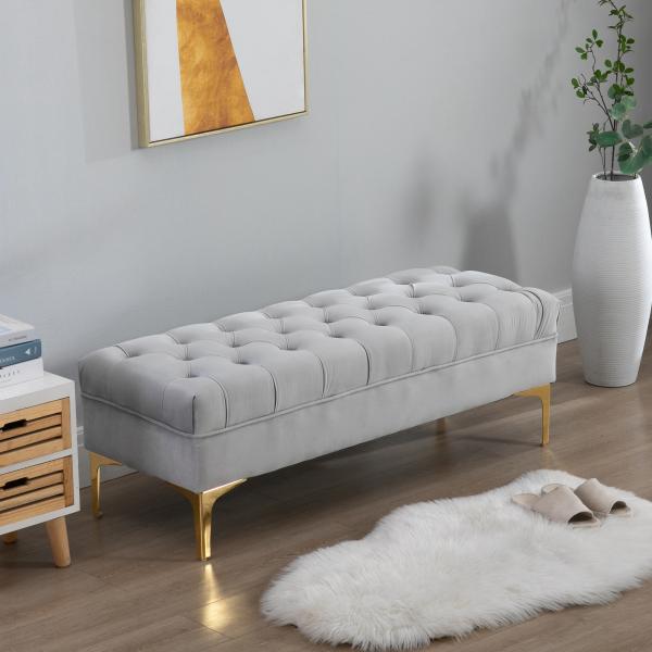 Banco de Pé de Cama com Assento Acolchoado e Pés Metálicos Banco para Entrada Corredor Capacidade 120 kg 118x45x42 cm Cinza