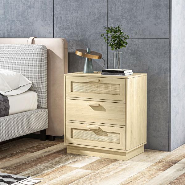 Cómoda com 3 Gavetas de Vime Cómoda de Madeira para Dormitório Sala de Estar Estilo Boêmio 60x38x69 cm Madeira