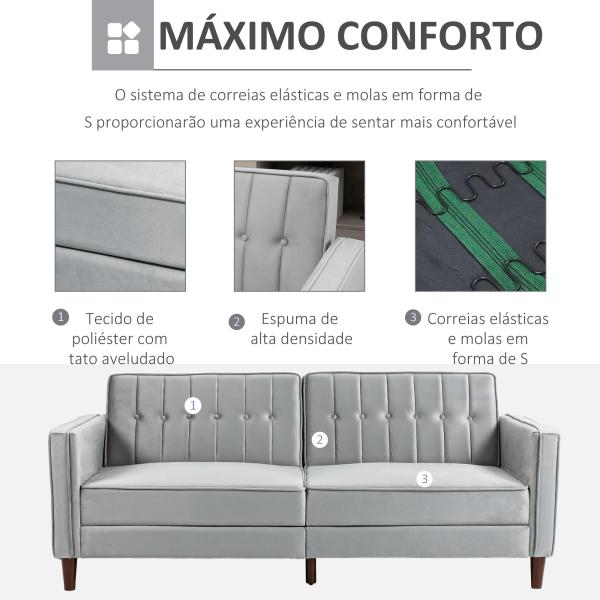 Sofá de 2 Lugares Convertível em Cama de Estofado Aveludado com Encosto Ajustável para Sala 189x80,5x78,5 cm Cinza Claro