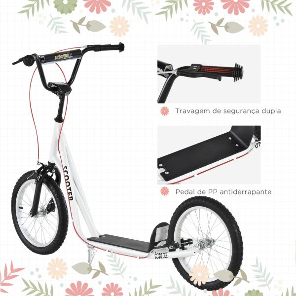 Trotinete com Guiador Ajustável 2 Pneus de Borracha Insufláveis com Travagem Dupla e Rodas 16" 139x58x90 - 96 cm Branco