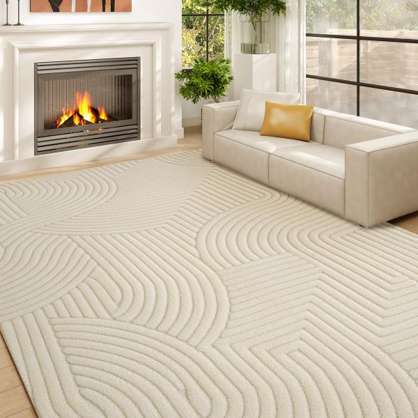 Tapete Sala de Estar 160x120 cm Tapete Pelo Curto Estilo Moderno Base Antiderrapante Tecida à Máquina Creme