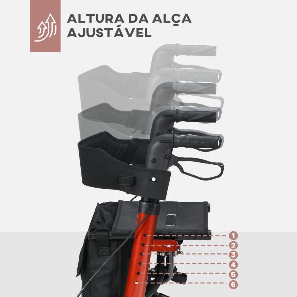 Andarilho para Idosos Dobrável em Alumínio com Assento 4 Rodas Altura Ajustável Travões de Mão Vermelho e Preto
