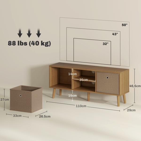Móvel de TV para Televisores de até 50 Polegadas com 2 Gavetas de Tecido 2 Prateleiras Abertas 110x29x46,5 cm Madeira e Castanho Claro