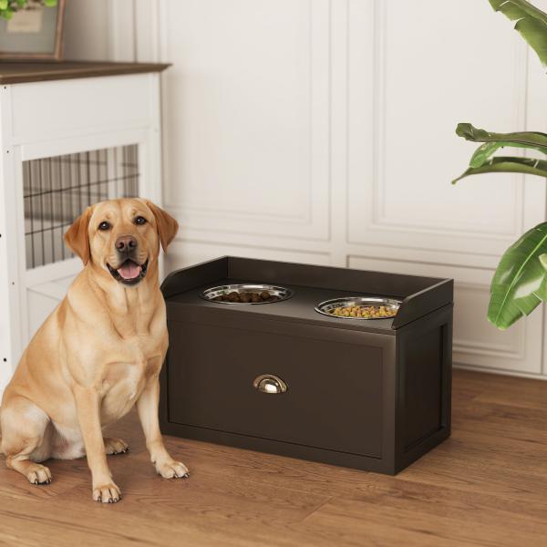 Comedouro Elevado para Cães com 2 Tigelas 2000ml de Aço Inoxidável Gaveta Oculta com Suporte de Madeira 60x30x36cm Marrom Escuro