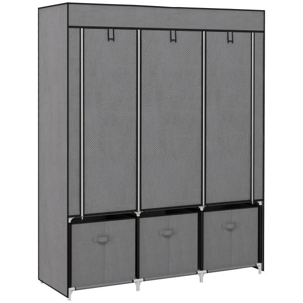 Roupeiro de Tecido com 2 Varões 5 Prateleiras 3 Gavetas Fecho de Correr Estrutura de Aço 125x43x162,5 cm Cinzento
