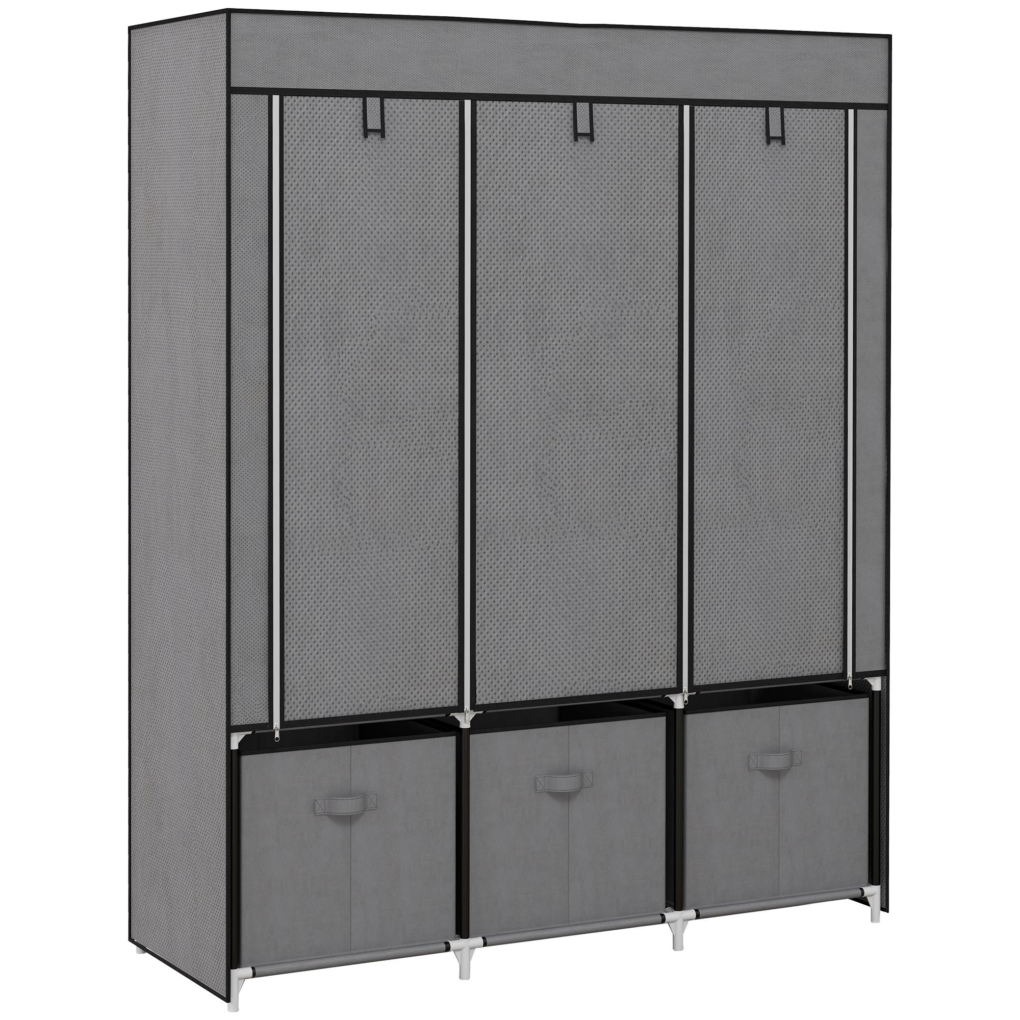 Roupeiro de Tecido com 2 Varões 5 Prateleiras 3 Gavetas Fecho de Correr Estrutura de Aço 125x43x162,5 cm Cinzento