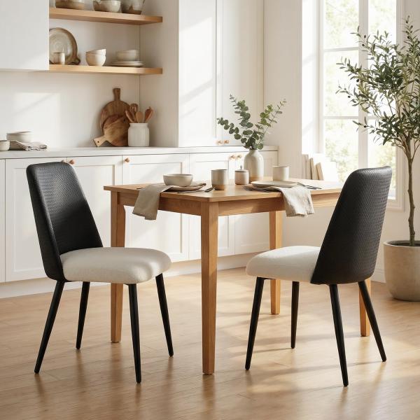Conjunto de 2 Cadeiras de Cozinha com Encosto em PU Pernas de Aço e Assento Acolchoado 47,5x57x84 cm Preto e Bege