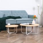 Conjunto de 2 Mesas de Centro Ø65x32cm e Ø45x26cm Mesas Redondas com Bancada de Madeira e Pés de Metal Madeira e Branco