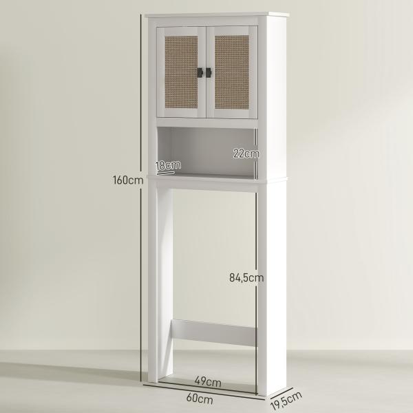 Móvel sobre Sanita Armário sobre Sanita com 2 Portas com Frente em Vime Compartimento e Prateleira Ajustável 60x19,5x160 cm Branco
