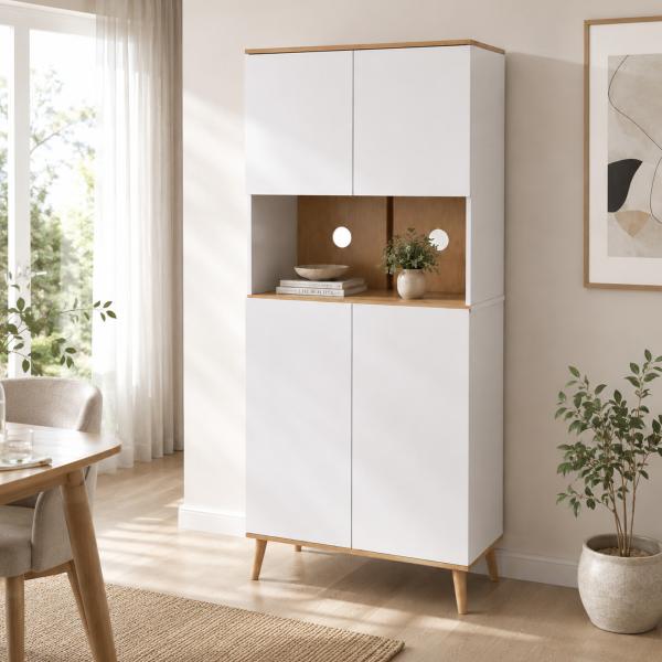 Armário de Cozinha com 4 Portas Bancada para Micro - Ondas Prateleiras Ajustáveis Orifício para Cabos 80x40x178 cm Branco