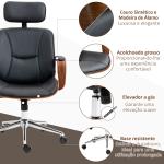 Cadeira de Escritório Operativa de Couro PU com Apoio para a Cabeça Amovível Altura Ajustável 63x62x110 - 120cm Preto e Madeira