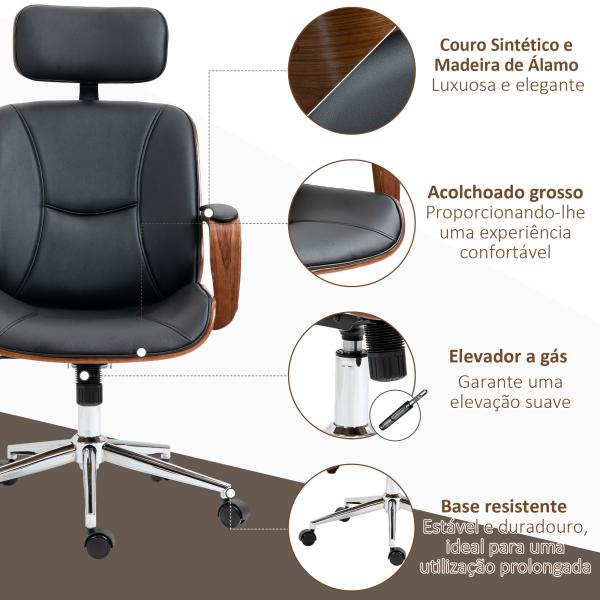 Cadeira de Escritório Operativa de Couro PU com Apoio para a Cabeça Amovível Altura Ajustável 63x62x110 - 120cm Preto e Madeira