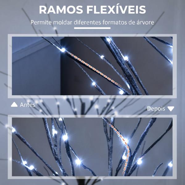 Árvore de Vidoeiro Artificial 150 cm com 96 LEDs Branco Frio, Neve Artificial, Base Metálica e Decoração de Natal Castanha