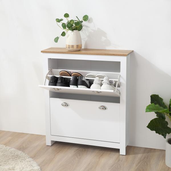 Sapateira Estreita de Entrada com 2 Gavetas Abatíveis Prateleiras Ajustáveis para 12 Pares de Sapatos 79x23x90,5 cm Branco
