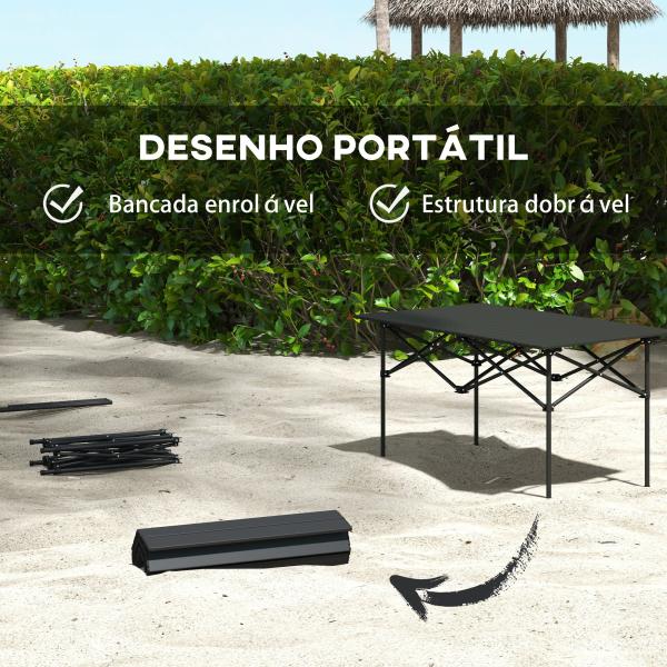 Mesa de Campismo Dobrável de Metal com Tampo Enrolável e Bolsa de Transporte Mesa de Piquenique Portátil 95x55x50 cm Preto