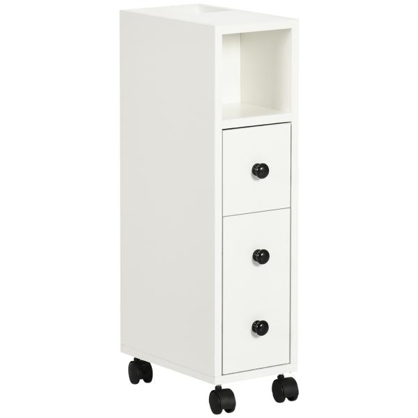 Armário de Casa de Banho Móvel Auxiliar para Espaço Reduzido com Rodas Prateleiras Abertas Armário e Gaveta 18x30x68,5cm Branco