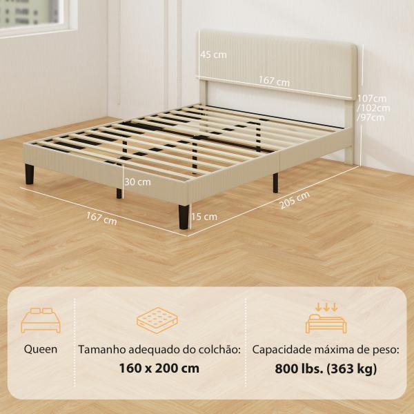 Cama 160x200 cm com Cabeceira Ajustável Estofada em Bombazina Ripas de Madeira Montagem Fácil Cinza Claro