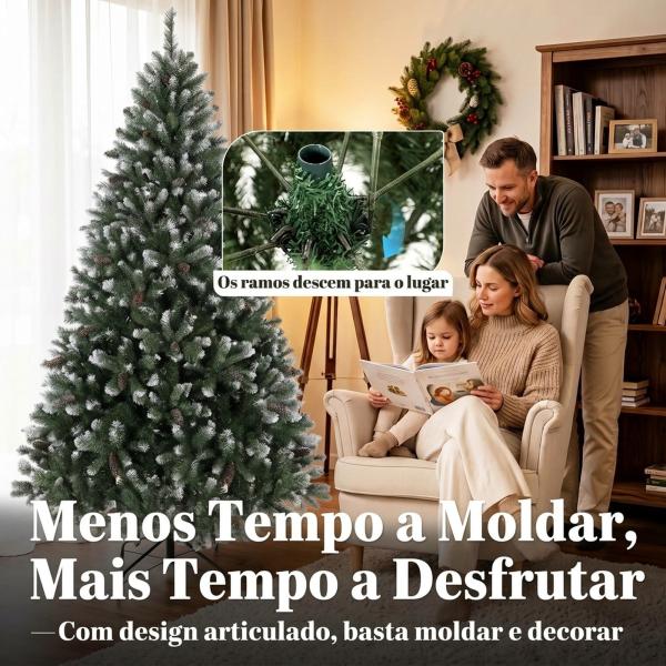 Árvore de Natal Artificial 180 cm com 802 Pontas Efeito Nevado, 59 Pinhas e Base Metálica Dobrável Verde e Branco
