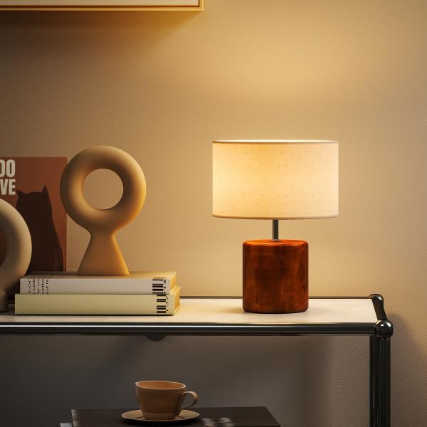 Candeeiro de Mesa Rústico com Base de Madeira Ecrã de Linho Interruptor Basculante E27 40W Ø20x27 cm Madeira e Bege