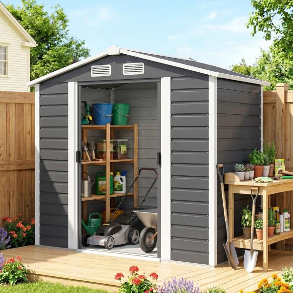 Abrigo de Jardim Exterior 2,36m² 213x120x194 cm com Base Reforçada (Piso NÃO Incluído) e Portas de Correr Cinza Escuro