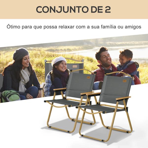 Conjunto de 2 Cadeiras Dobráveis de Campismo Cadeiras Portáteis com Apoios de Braços e Estrutura em Aço Cadeiras para Pesca 54x59x78 cm Cinzento Escuro