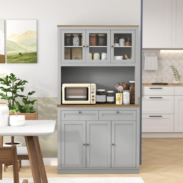 Armário de Cozinha com 3 Portas de Vidro Compartimento Aberto 2 Gavetas e Prateleiras Ajustáveis 100x40x180 cm Cinzento