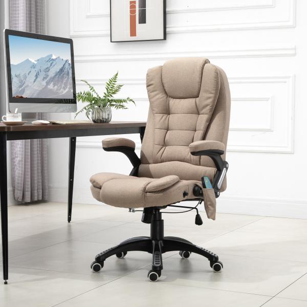 Cadeira de Escritório com Massagem 6 Pontos Reclinável até 130° com Função de Aquecimento 67x74x107 - 116 cm Castanho Claro