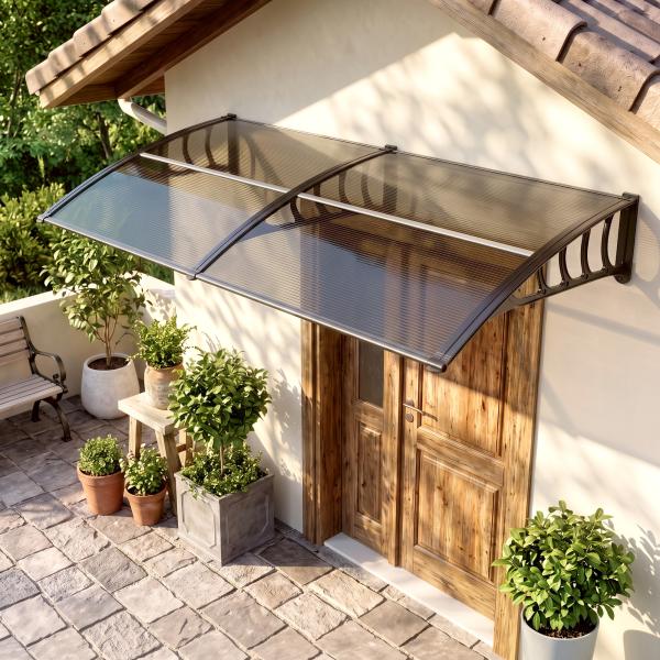 Marquise Exterior para Portas e Janelas 200x96 cm com Barra de Liga de Alumínio, PP e Policarbonato, Castanho