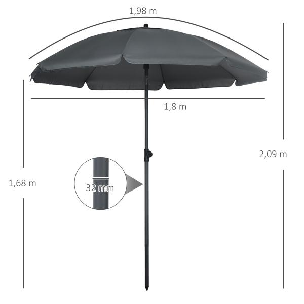 Chapéu de Sol de Praia Grande Ø180 cm Chapéu de Sol de Exterior com Ângulo Ajustável Proteção UV50+ Mastro de Ø32 mm Cinza