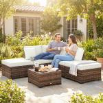 Conjunto de Jardim Exterior em Rattan de 6 Peças com Cadeira de Canto, 2 Cadeiras sem Braços, Apoio para Pés e Mesa Castanha