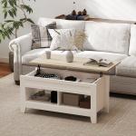 Mesa de Centro com Bancada Elevável 2 Compartimentos Abertos Bancada de Madeira 105x50x49 cm Branco e Madeira