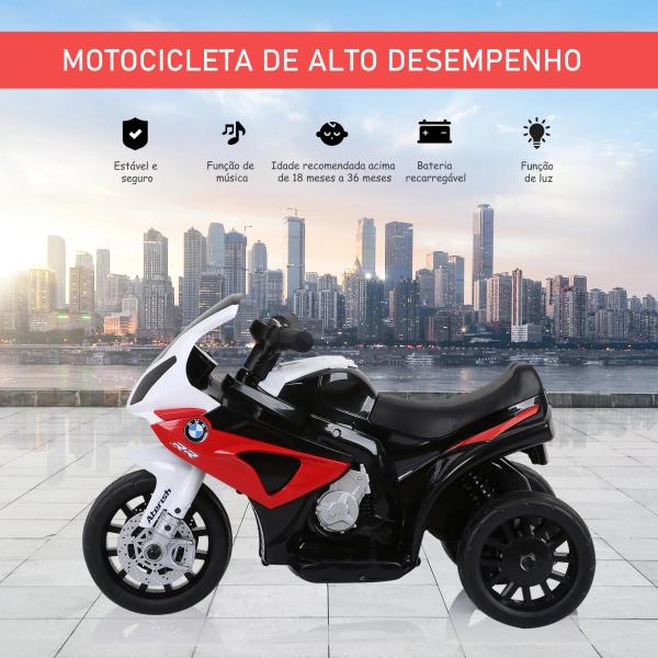 Mota Elétrica BMW para Crianças entre 18 - 36 Meses 6V com Faróis Música e Velocidade Máx. de 2,5 km/h 66x37x44 cm Vermelho