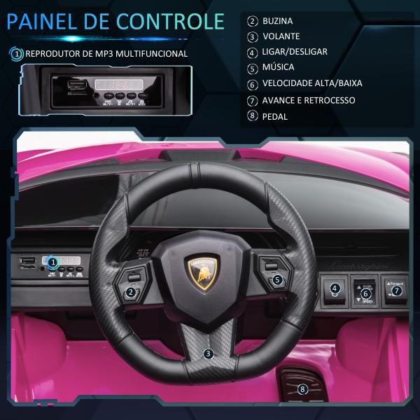 Carro Elétrico Lamborghini SIAN 12V para Crianças de 3 - 8 anos com Controle Remoto Abertura da Porta Música MP3 USB e Faróis 108x62x40cm Rosa