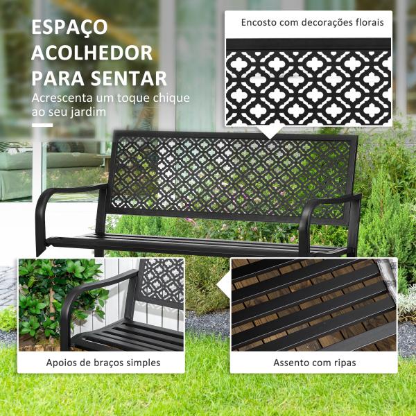 Banco de Jardim de Aço Banco de Exterior de 2 Lugares com Encosto Decorativo 127x63x83cm Preto