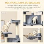 Árvore Arranhador para Gatos Grande 60x60x200cm com 2 Cavernas 2 Redes Cama Múltiplas Plataformas Postes Arranhadores de Sisal Natural e Bolas de Brinquedo Cinza