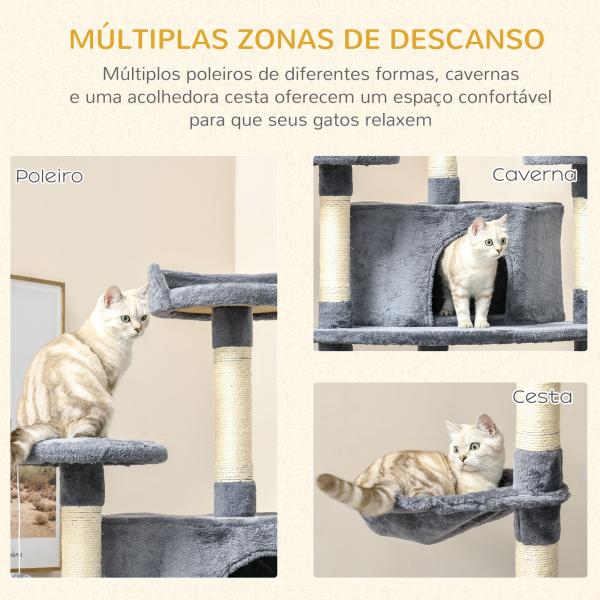 Árvore Arranhador para Gatos Grande 60x60x200cm com 2 Cavernas 2 Redes Cama Múltiplas Plataformas Postes Arranhadores de Sisal Natural e Bolas de Brinquedo Cinza