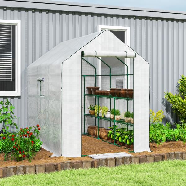 Estufa de Jardim de 3 Níveis com 12 Prateleiras Porta Enrolável Janelas Anti - UV Cobertura de PE 140x213x190 cm Branco