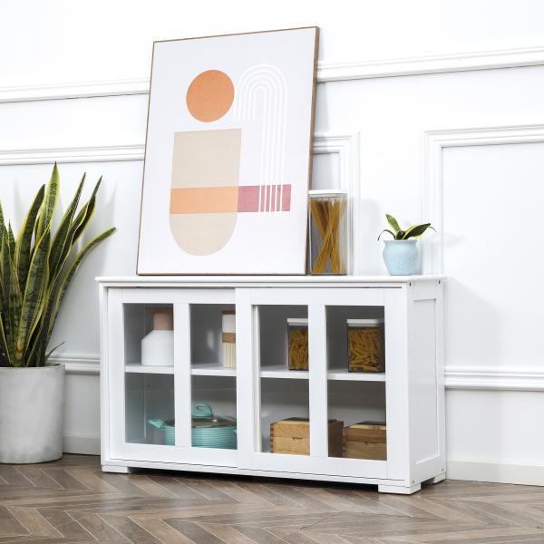 Aparador de Cozinha Moderno Móvel Auxiliar com 2 Portas de Correr de Vidro e Prateleira Ajustável 107x33x62,5 cm Branco