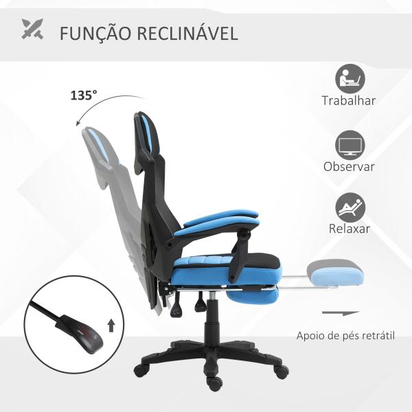 Cadeira de Escritório Ajustável em Altura Cadeira para Secretária Giratória de 360° Reclinável até 135° 58x72x108 - 118 cm Azul