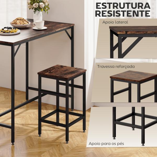 Conjunto de Mesa de Bar com 4 Bancos com Apoio para os Pés Mesa de 100x60x88cm e Bancos de 32x32x57cm Preto e Nogueira