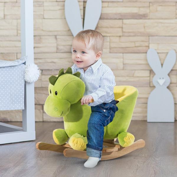 Cavalo de Baloiço em Forma de Dinossauro de Pélucia para Bebés 18 - 36 Meses com Sons Cinto de Segurança Guiador e Apoio para os Pés 60x33x45cm Verde